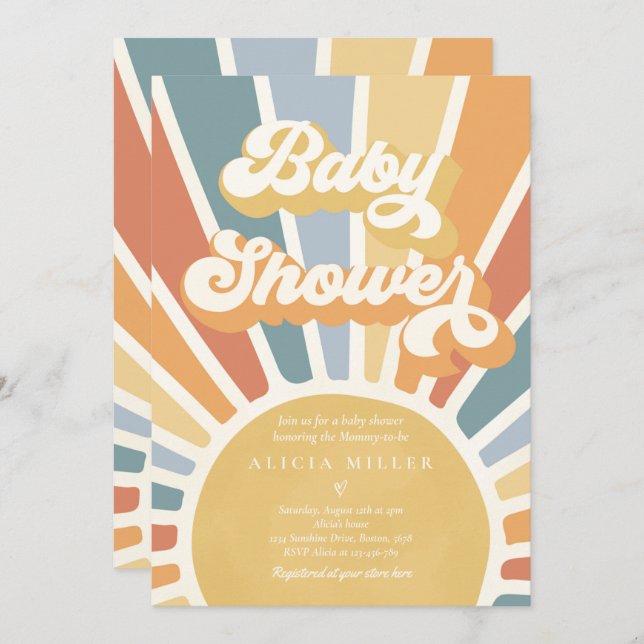 Invitation Sunshine Baby shower Muet Boho Retro Sunshine (Devant / Derrière)