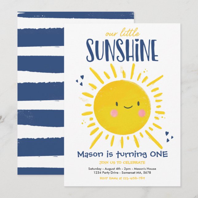 Invitation Sunshine Birthday Party Navy Notre petit soleil (Devant / Derrière)