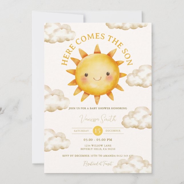 Invitation Sunshine Cloud Here Comes the Son Baby Shower (Devant)