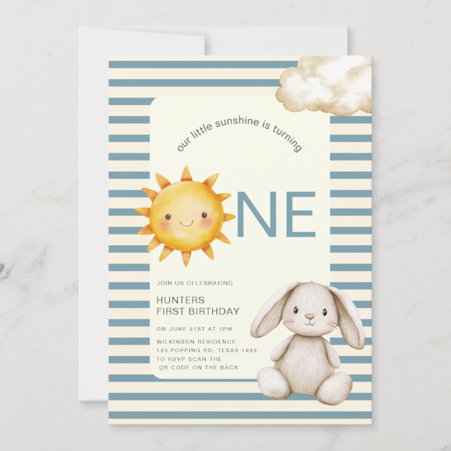 Invitation Sunshine Cute Bunny First Birthday OR code (Devant)