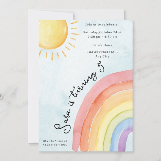 Invitation Sunshine & Rainbow Girl Birthday Party (Devant)