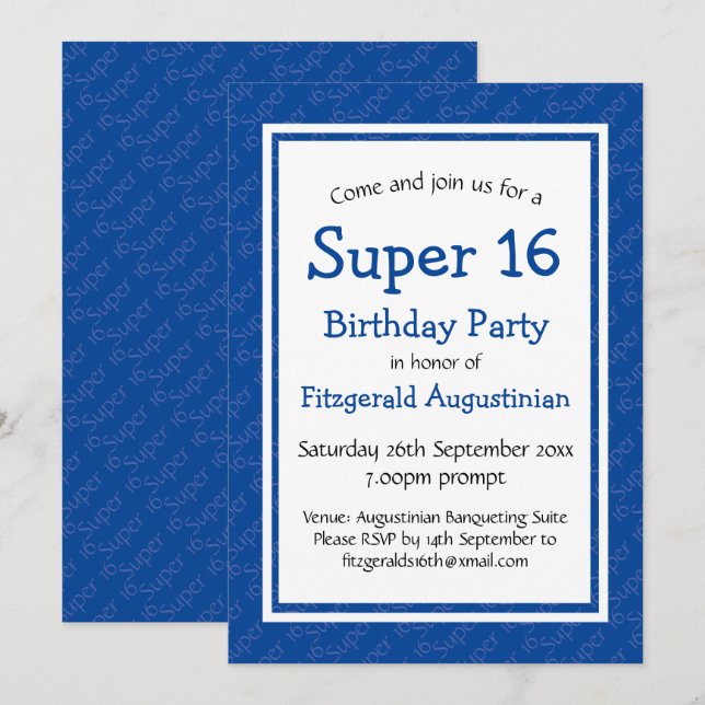 Invitation SUPER 16 Seizième anniversaire BLEU personnalisé (Devant / Derrière)