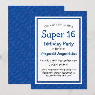 Invitation SUPER 16 Seizième anniversaire BLEU personnalisé
