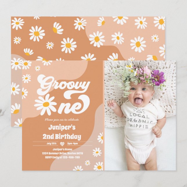 Invitation Super 1 fête d'anniversaire Boho Floral Daisy (Devant / Derrière)