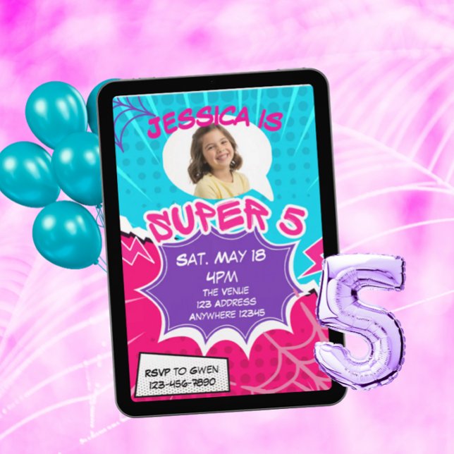 Invitation Super 5 Pink Purple Web Comic 5th Birthday  (Créateur téléchargé)