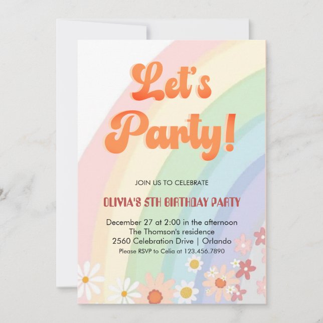 Invitation Super anniversaire Retro Rainbow Girl (Devant)