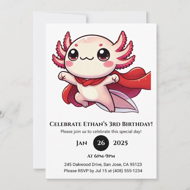 Invitation Super Axolotl Héros Anniversaire (Devant)