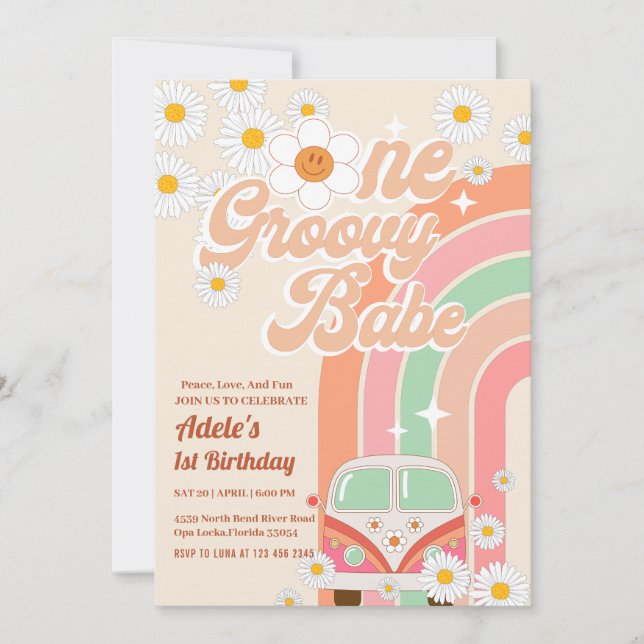 Invitation Super Babe Pink Van Daisy Rainbow 1er anniversaire (Devant)