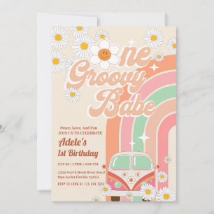 Invitation Super Babe Pink Van Daisy Rainbow 1er anniversaire