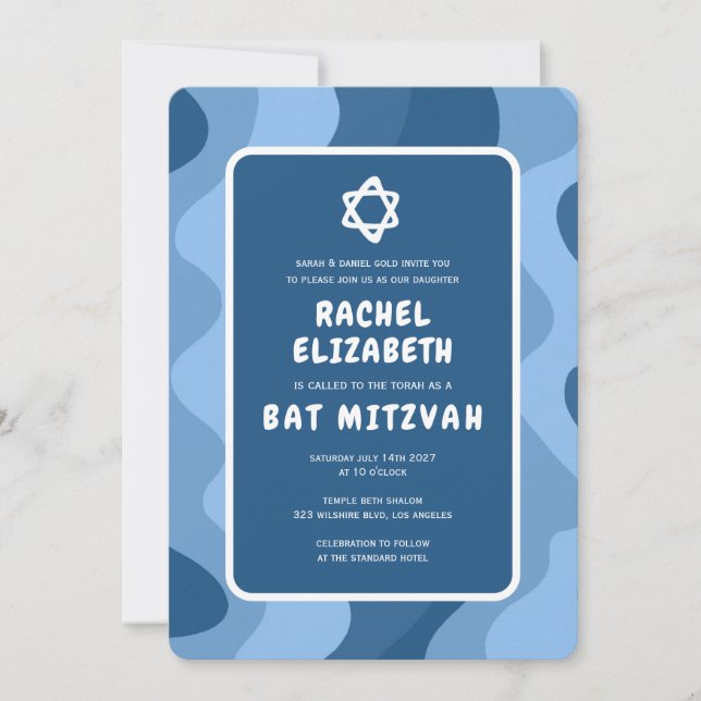 Invitation Super Blue Waves Star de David Bat mitzvah personn (Devant)