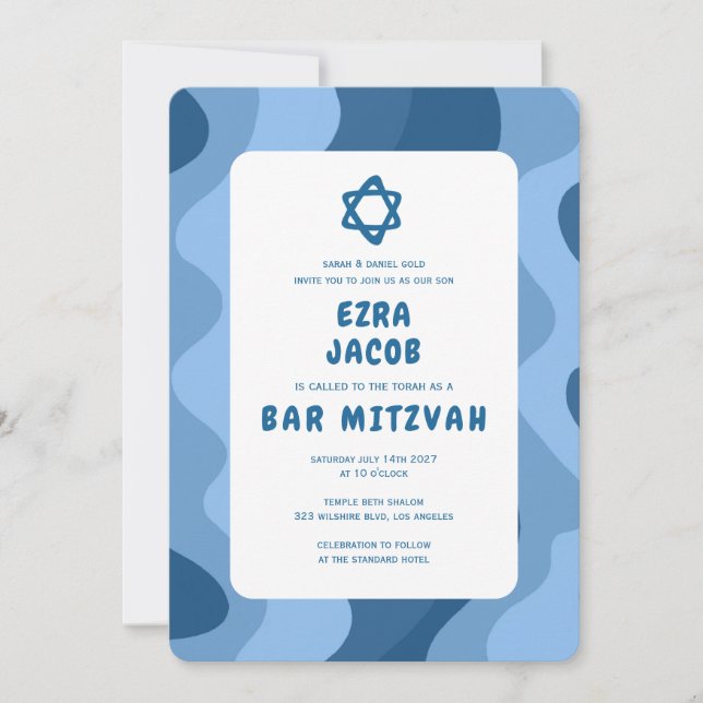 Invitation Super Blue Waves Star de David Custom Bar Mitzvah (Devant)