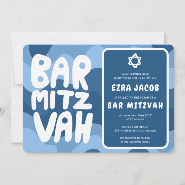 Invitation Super Blue Waves Star de David Custom Bar Mitzvah (Devant)