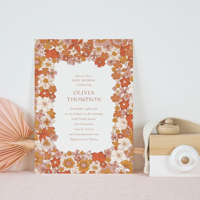 Invitation Super Boho Orange Floral Frame Cute Baby shower (Créateur téléchargé)