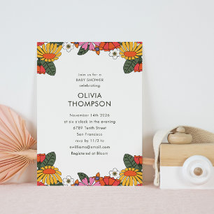 Invitation Super Boho Retro Cadre Fleur Mignonne Baby shower