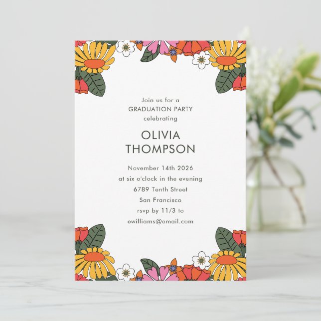 Invitation Super Boho Retro Flower Frame Graduation Party (Debout devant)