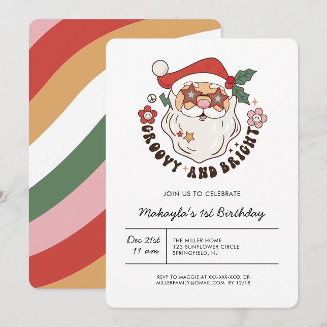 Invitation Super coloré rétro Noël Anniversaire (Devant / Derrière)