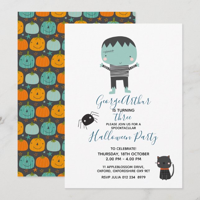 Invitation Super Cute Frankenstein garçon Halloween Anniversa (Devant / Derrière)