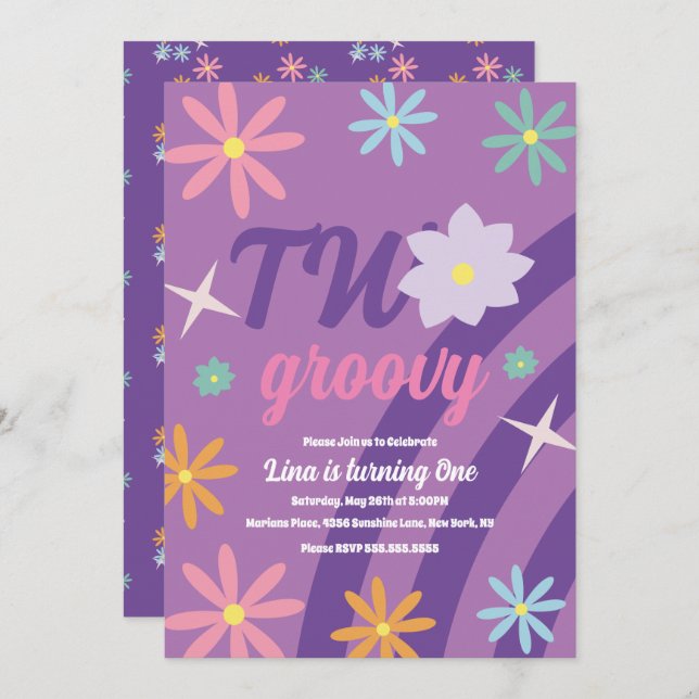 Invitation Super deux Floral premier anniversaire Retro Purpl (Devant / Derrière)