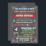 Invitation Super Fun Chalkboard Noël Open House<br><div class="desc">Venez célébrer vos vacances avec l'invitation à l'affiche de Noël Open House avec des claus de santa rétro, des bannières, des cocktails et des ornements sur un arrière - plan de tableau noir avec une typographie amusante. Le temps est froid, le cidre est chaud si invitation vos amis s'ils sont...</div>
