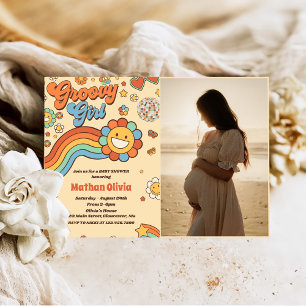 Invitation Super Girl Retro Rainbow Baby shower Party Photo