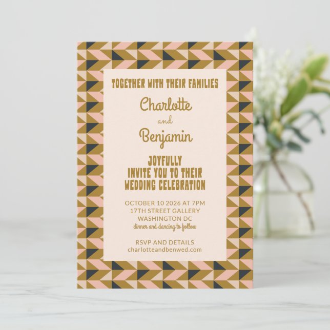 Invitation Super Gold All-in-One Retro Art Déco Mariage (Debout devant)