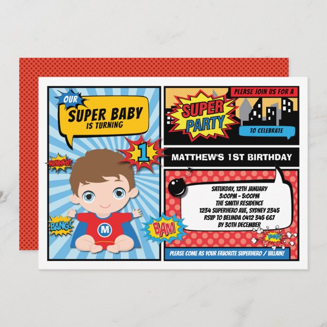 Invitation Super Hero 1er anniversaire Superhero Comics Party (Devant / Derrière)
