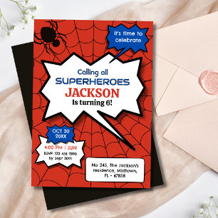 Invitation Super-héros 6ème anniversaire enfants araignée rou