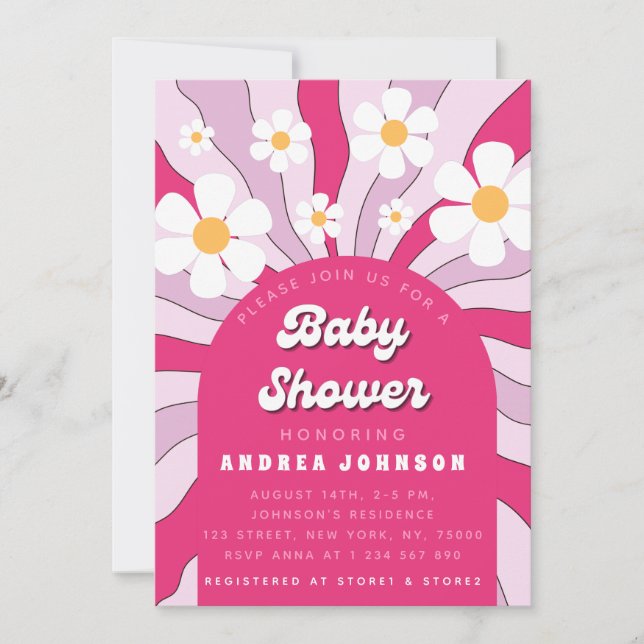 Invitation Super Hippie rose Retro Daisy les années 70 Baby s (Devant)