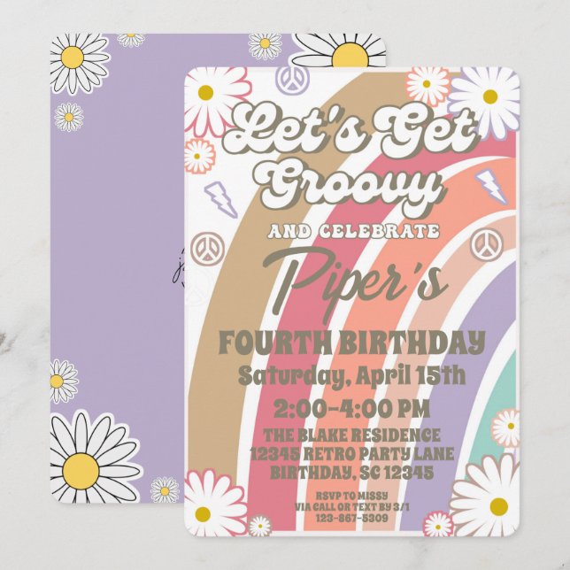 Invitation Super Hippy Boho Rainbow & Daisy Girls Anniversair (Devant / Derrière)