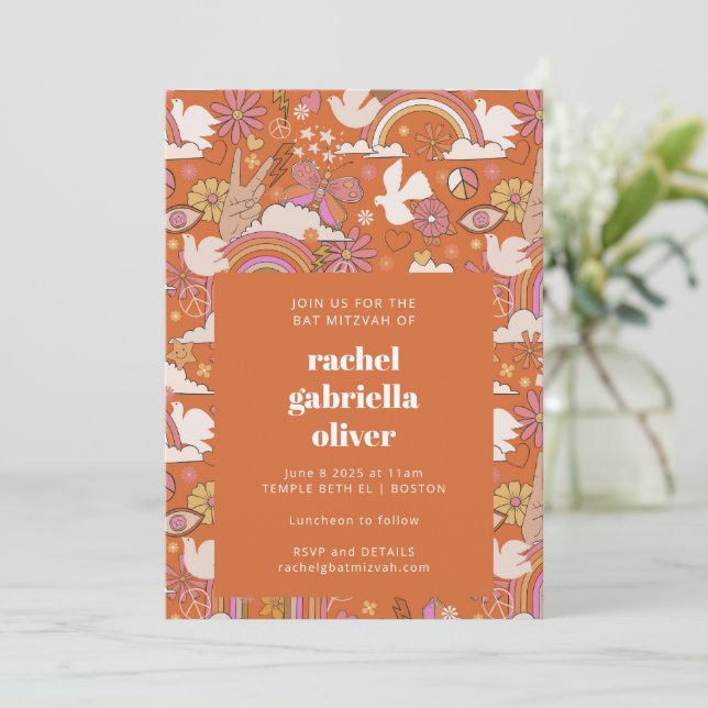 Invitation Super les années 70 rétro Hippie Paix Orange Bat m (Debout devant)