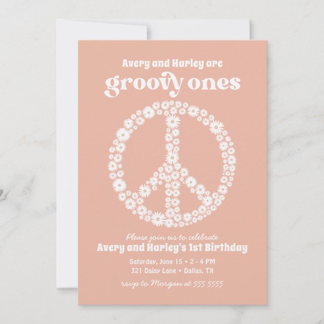 Invitation Super les années 70 Rose Daisy 1ère fête d'anniver (Devant)