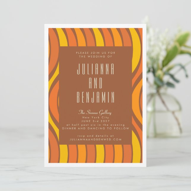Invitation Super les années 70 Wavy Lines Orange et Mariage B (Debout devant)