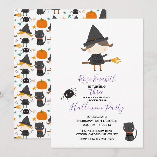 Invitation Super mignonne sorcière d'Halloween d'anniversaire (Devant / Derrière)