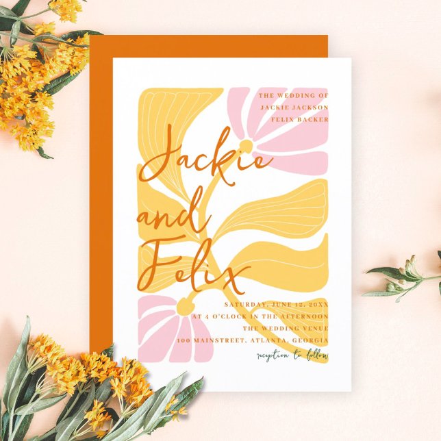 Invitation Super moderne marguerite fleurie jaune & rose mari (Boho Chic Retro Colorful Floral Wedding Invitation)