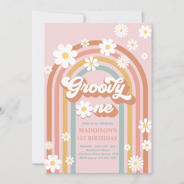 Invitation Super One Boho Daisy Rainbow 1er anniversaire (Devant)