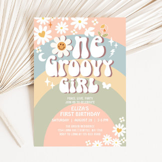 Invitation Super ONE Daisy Hippie 70's Retro 1er anniversaire