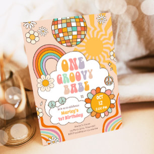 Invitation Super One Girl Retro les années 70 Rainbow 1er ann
