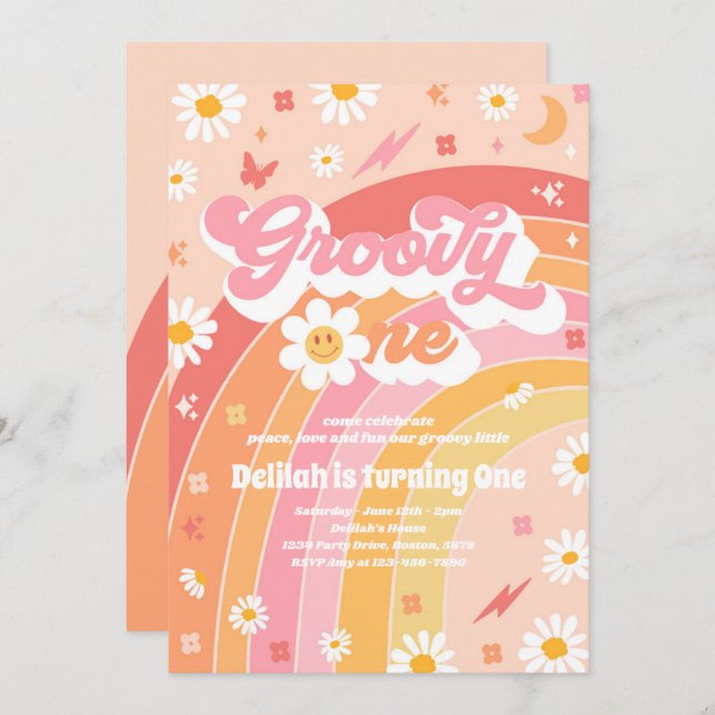 Invitation Super One Peace Love Party Rainbow Birthday Party (Devant / Derrière)