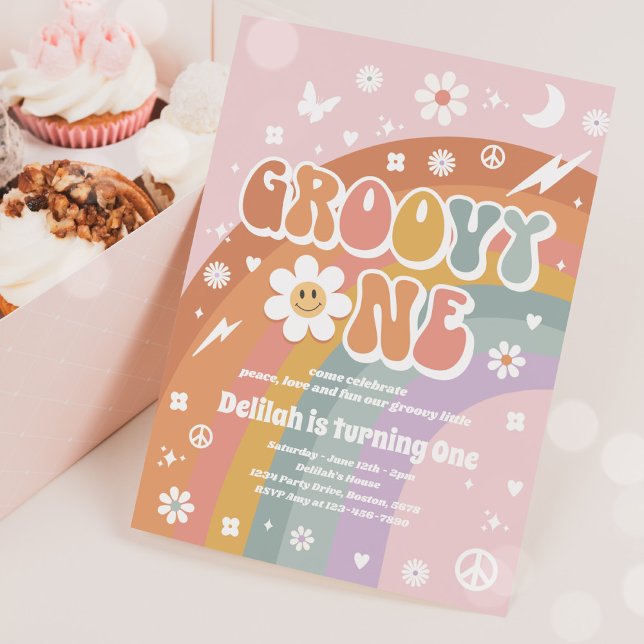 Invitation Super One Peace Love Party Rainbow Birthday Party (Créateur téléchargé)