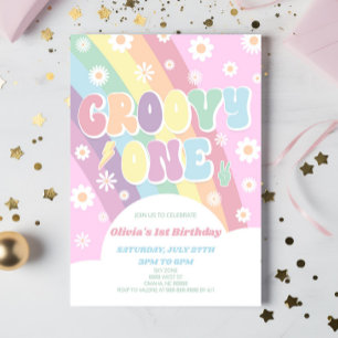Invitation Super One Rainbow Daisy Retro 1er anniversaire