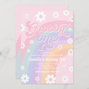 Invitation Super One Retro Daisy Pastel Rainbow Anniversaire
