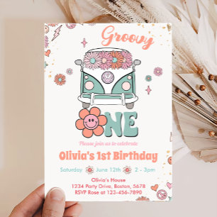 Invitation Super One Retro Flowers 1er anniversaire Invitatio