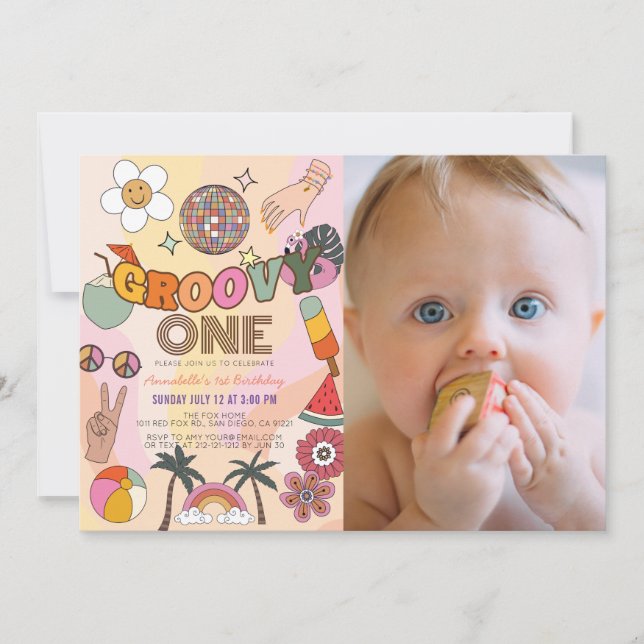 Invitation Super One Retro Girl Photo 1er anniversaire (Devant)