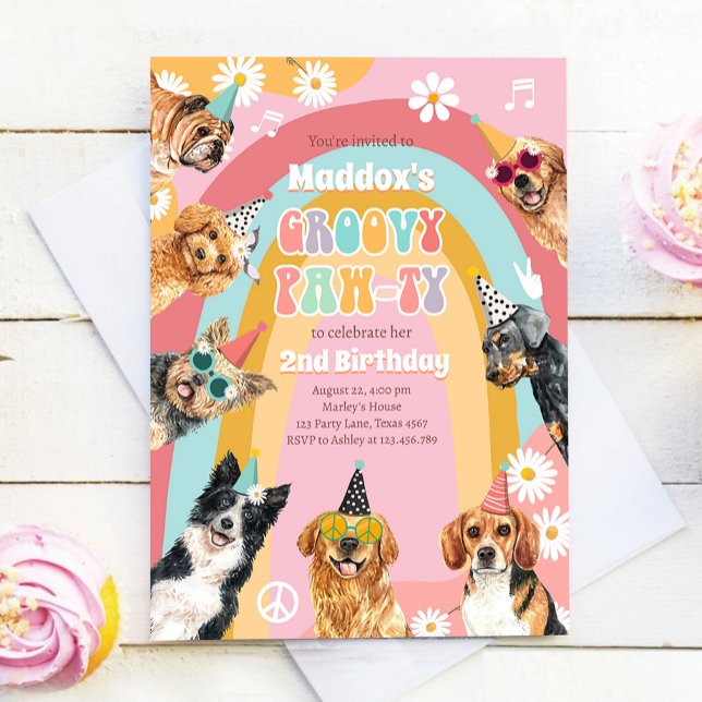 Invitation Super Pawty Retro Daisy Hippie Chien Fille Anniver (Créateur téléchargé)