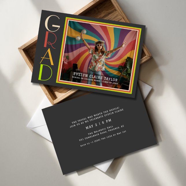 Invitation Super Psychedelic Retro Daisy Photo Graduation (Créateur téléchargé)