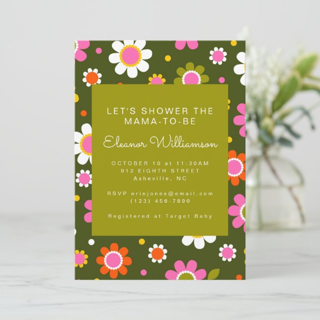 Invitation Super Retro 60s Fleurs Baby shower vert olive (Debout devant)