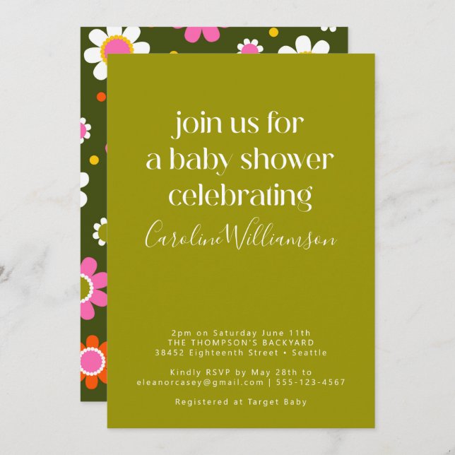 Invitation Super Retro 60s Fleurs Baby shower vert rose (Devant / Derrière)