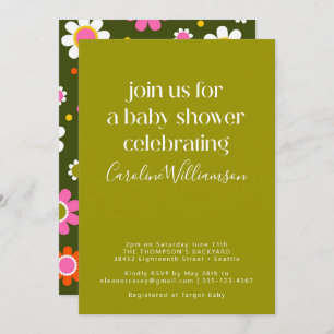 Invitation Super Retro 60s Fleurs Baby shower vert rose