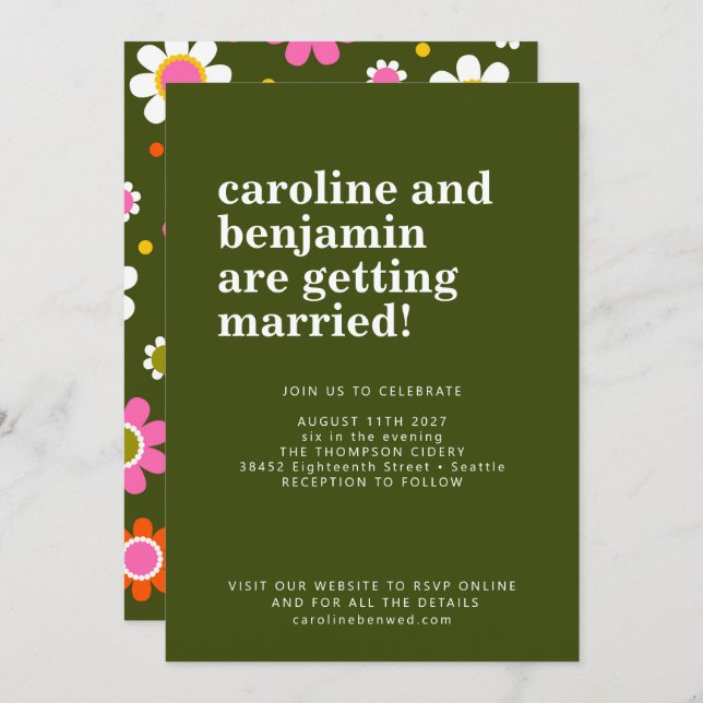 Invitation Super Retro 60s Fleurs Vert foncé Gras Mariage (Devant / Derrière)