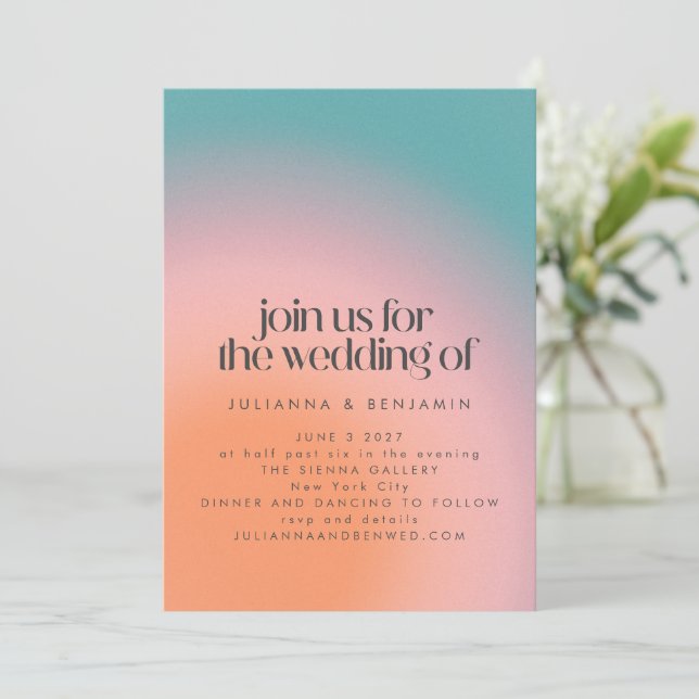 Invitation Super rétro couleur Turquoise rose orange Mariage (Debout devant)